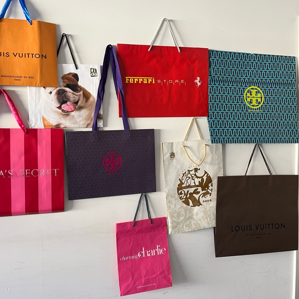 Multiple designer shopping bags mostly new, varied sizes. PICK 4 for $20 MIN.